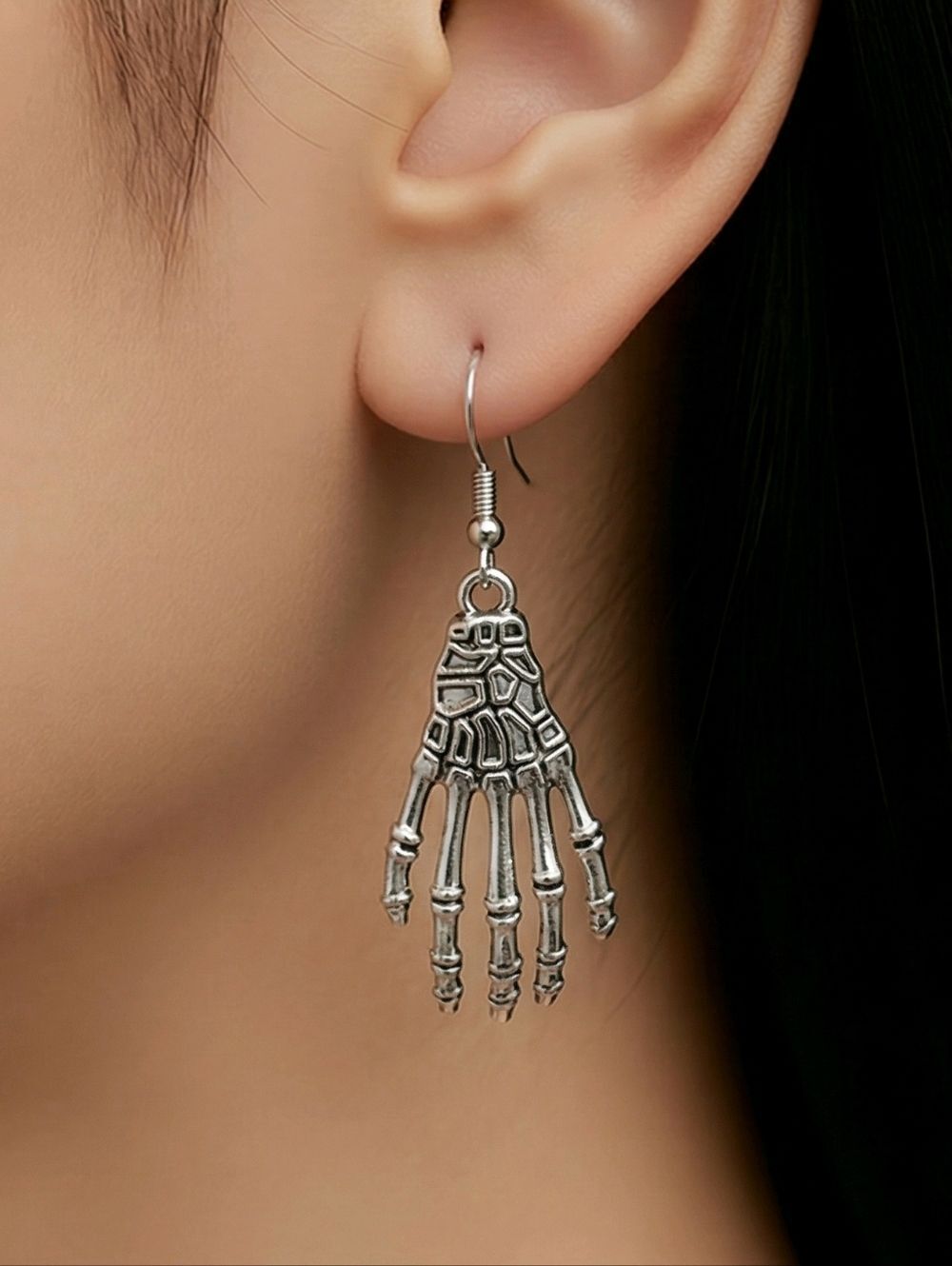 SkeletonโHand Earrings Silver Bone Anatomical Dangle Goth Halloween Punk Tattoo